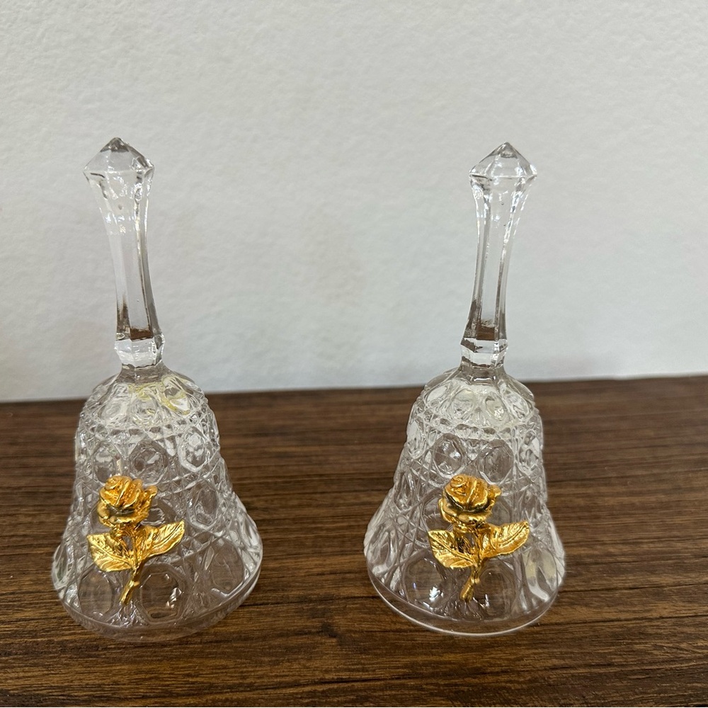 Vintage Crystal Bells with Gold Rose Accents set of 2